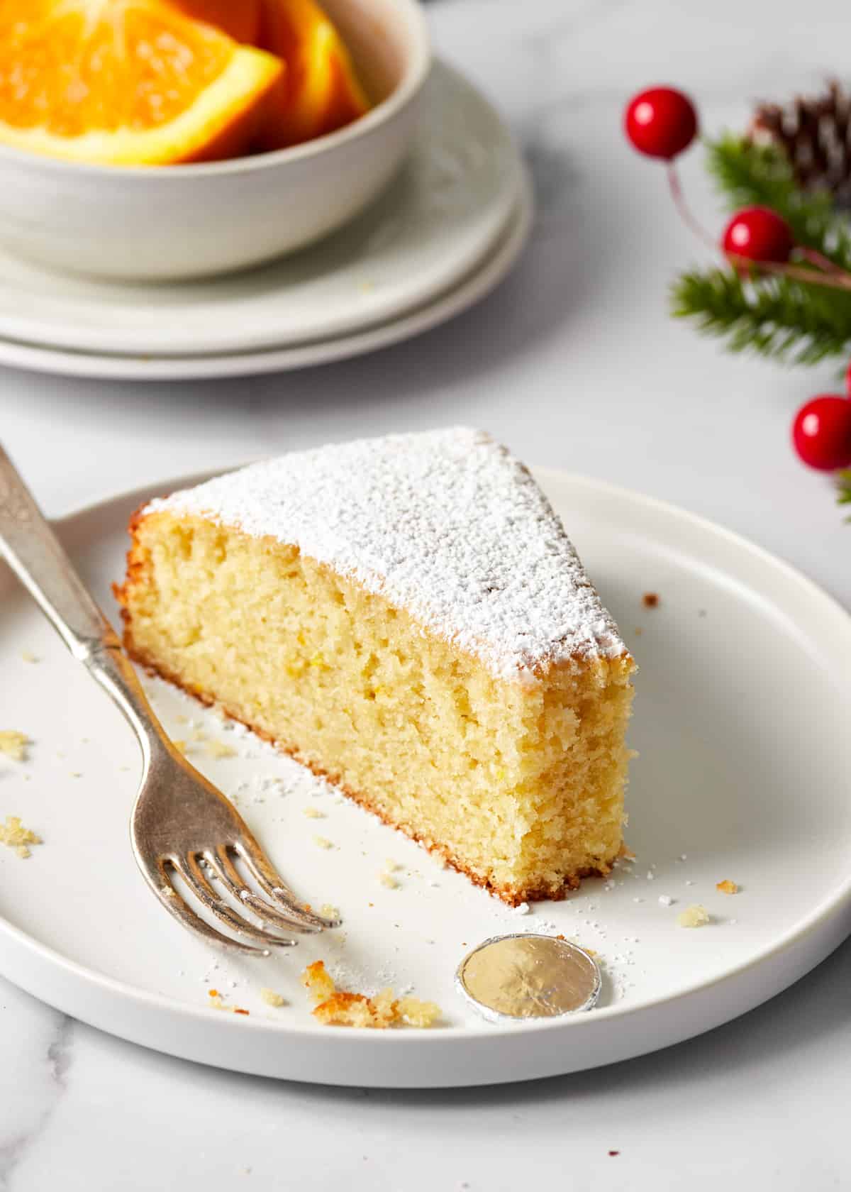 slice of vasilopita on a plate.