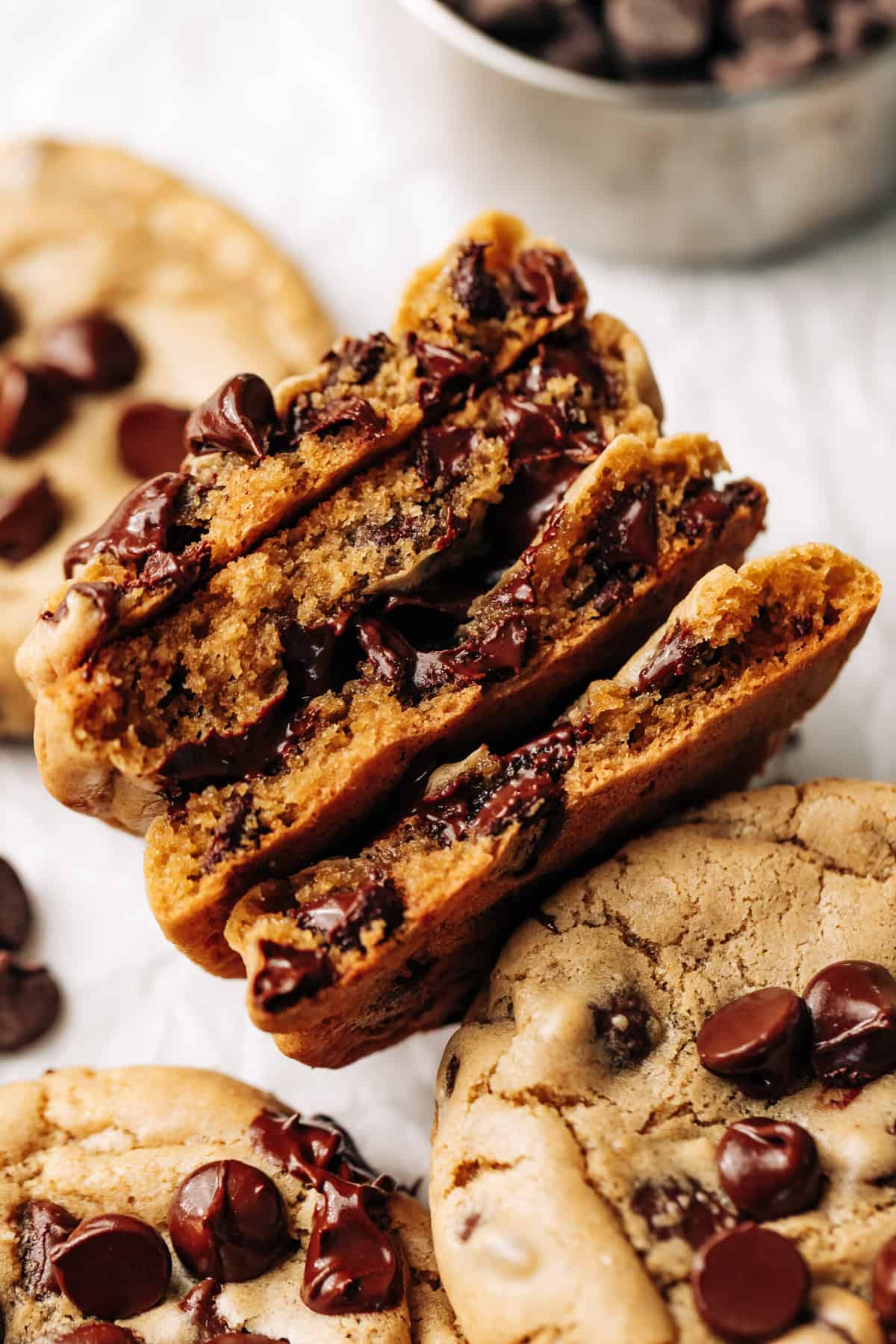 stack of Butterless Chocolate Chip Cookies cut in half.