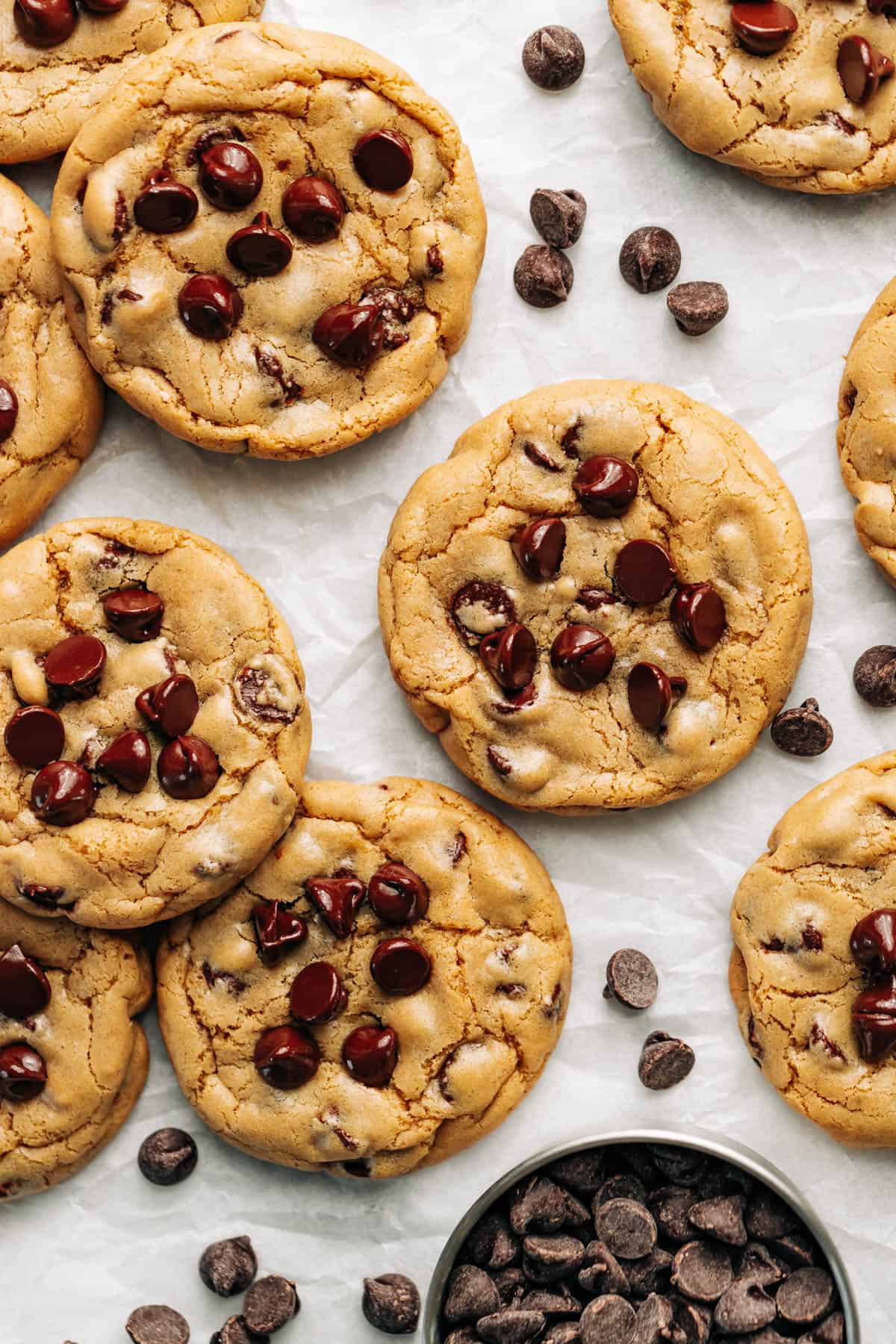 Butterless Chocolate Chip Cookies on parchment paper.