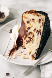 slice of chocolate chip cheesecake.