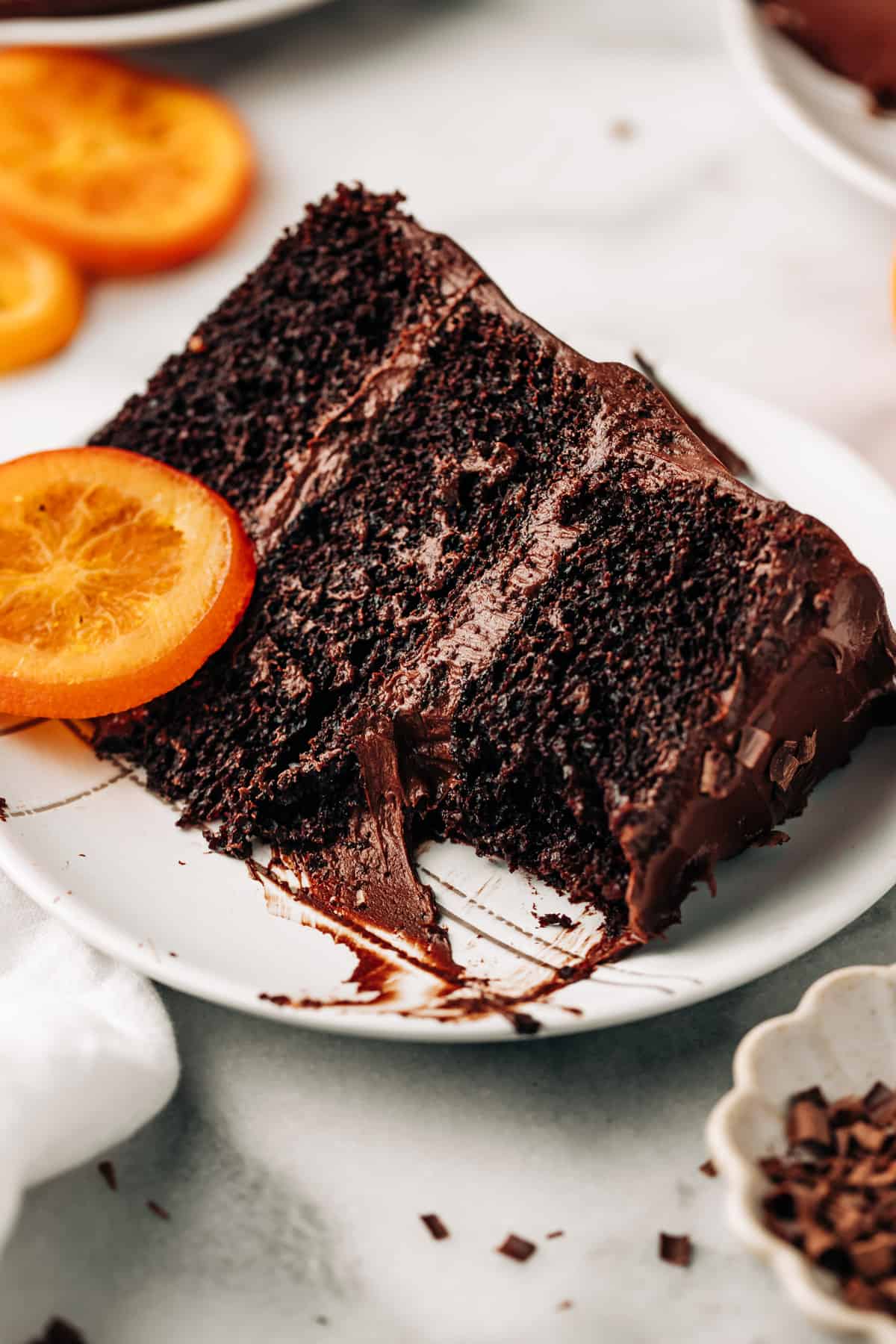 slice of chocolate orange cake on a dessert plate.