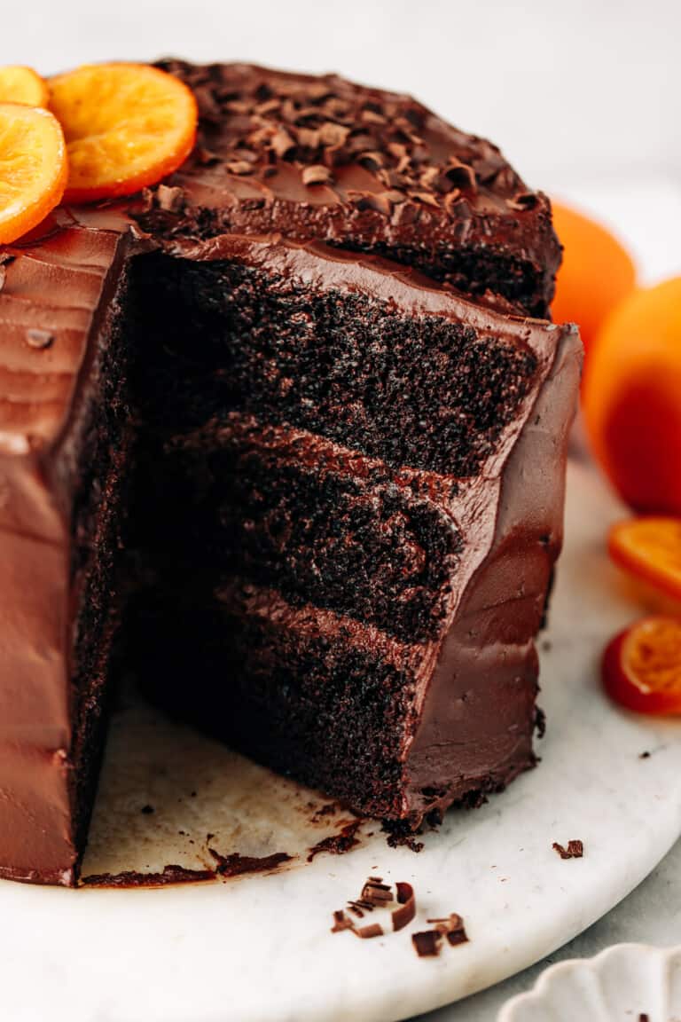 the inside of a sliced chocolate orange cake.