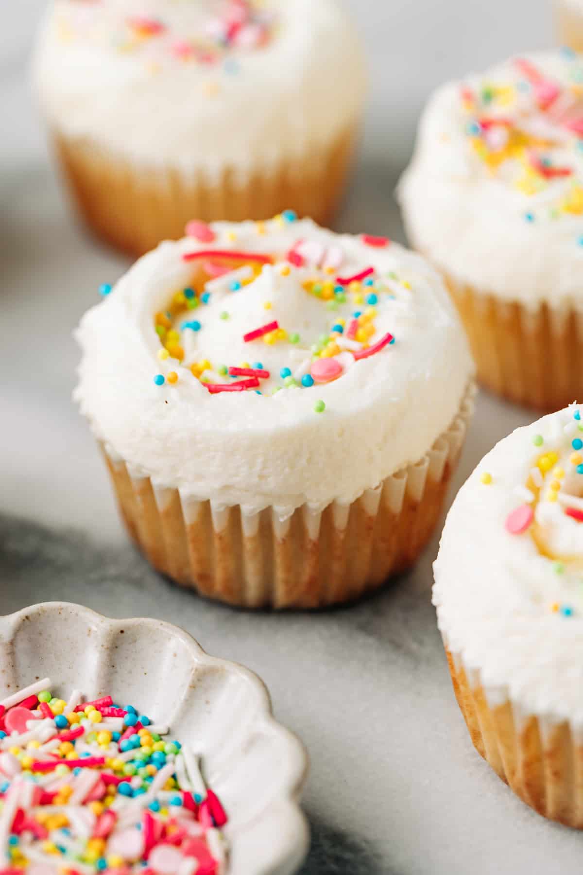 vanilla cupcakes with buttercream and rainbow sprinkles.