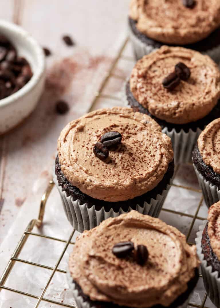 chocolate mocha cupcakes on a wire rack.