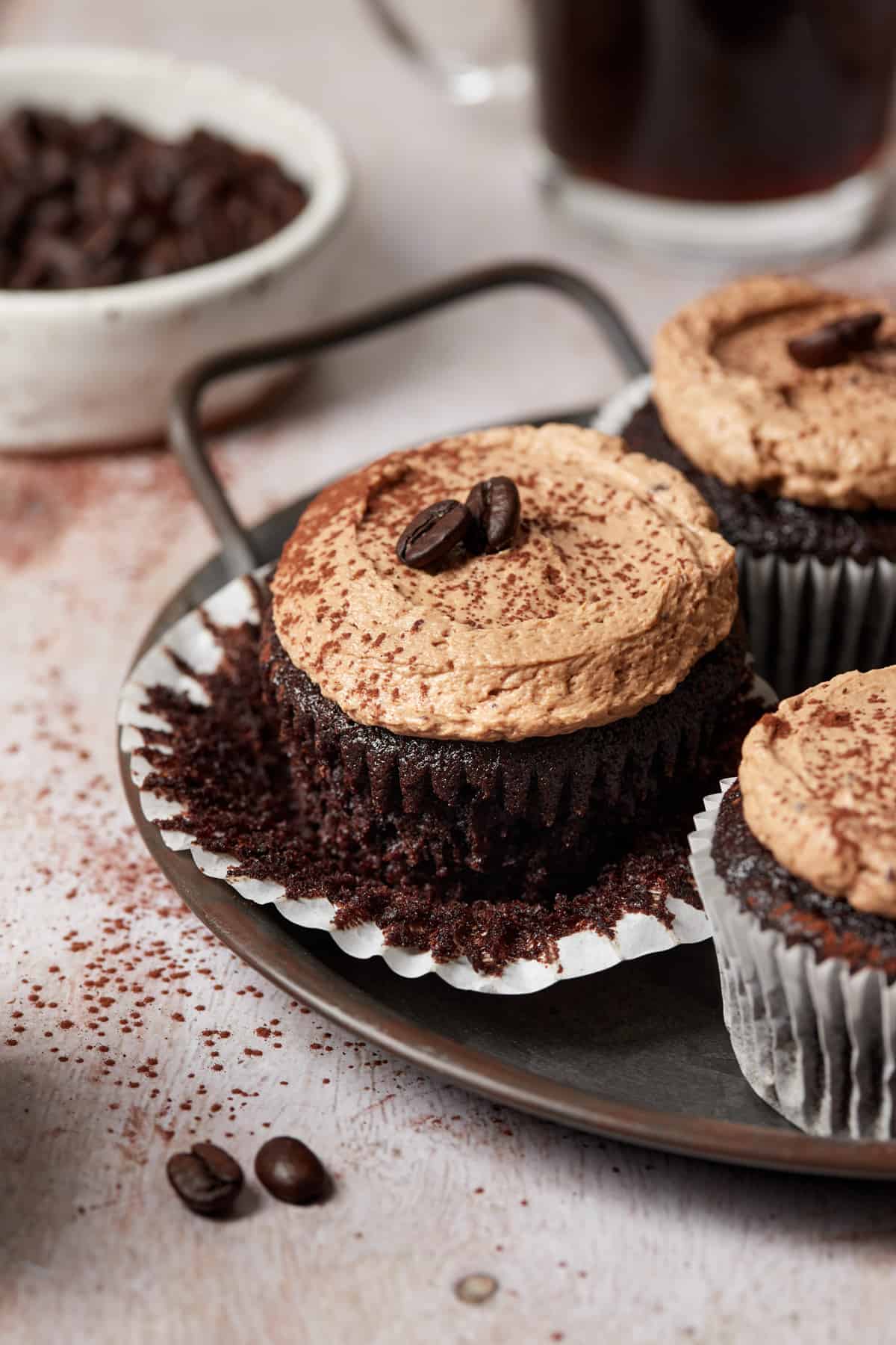 chocolate mocha cupcakes with mocha Russian buttercream.