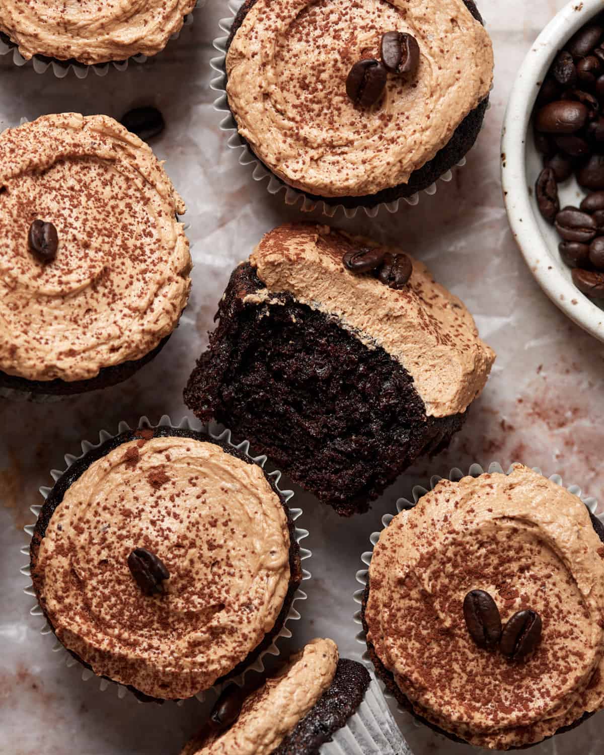 moist mocha cupcakes with chocolate espresso frosting.
