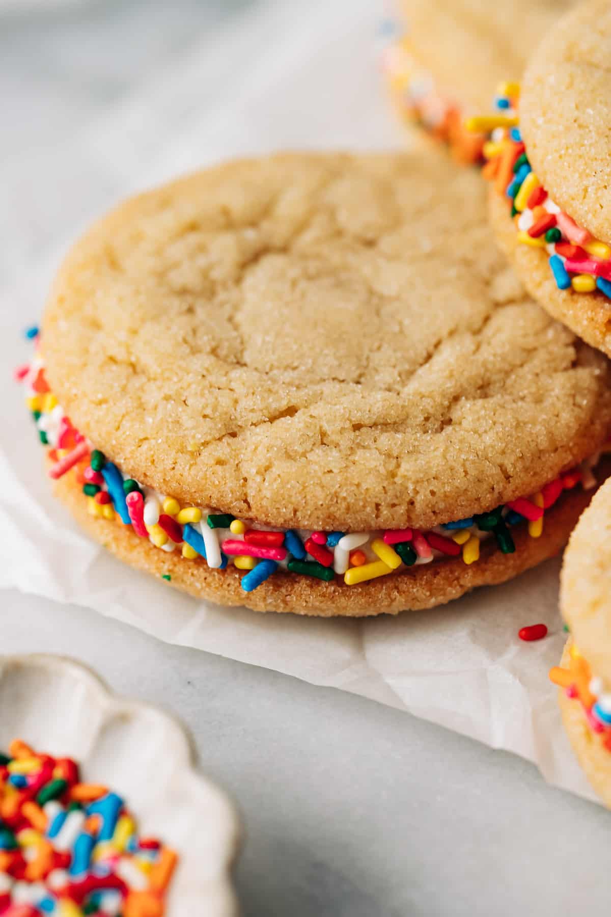 sugar cookie sandwich with rainbow sprinkles.